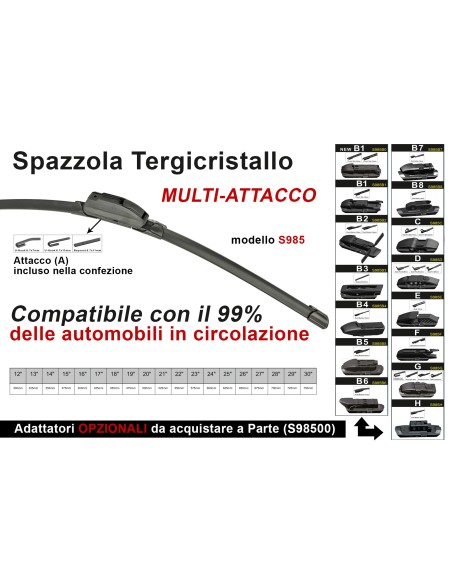 Spazzola Tergicristallo Auto Universale S985 16'' 400mm Carall 16 Attacchi Opzionale