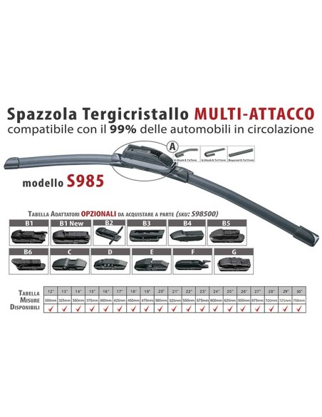 Spazzola Tergicristallo Auto Universale S985 16'' 400mm Carall 16 Attacchi Opzionale