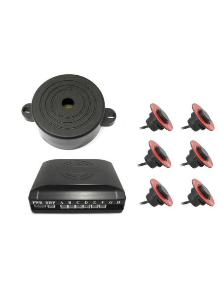 Kit 6 Sensori di Parcheggio OEM Posteriori Staccabile 16mm Slim Cicalino Acustico Regolabile Distanza Fresa Fustella Inclusa Eff