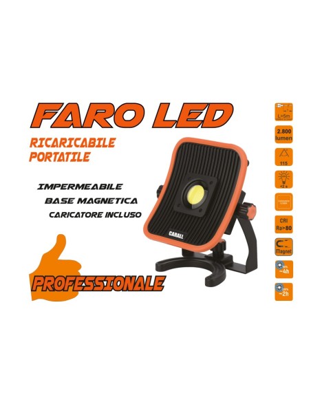 Proiettore Faro Led Flood Professionale 30W Ricaricabile e Cavo 5 Metri Dual System Base Magnetica Batteria Estraibile Utilizzab