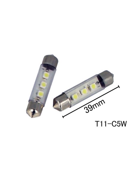 Coppia 2 Lampade Led T11 C5W Siluro 39mm Con 3 Smd 3528 Colore Bianco Freddo 6000K 12V 1W