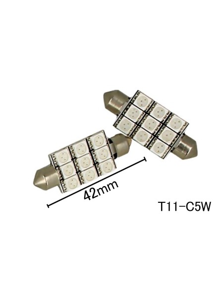 Coppia 2 Lampade Led T11 C5W Siluro 42mm Con 9 Smd 5050 Colore Green 12V 2W