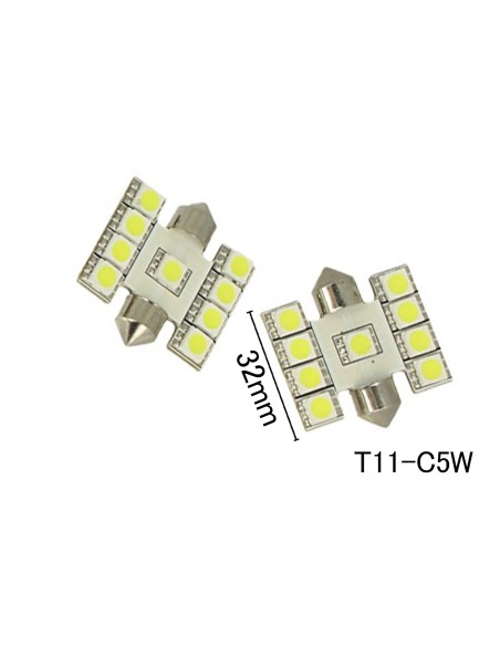 Coppia 2 Lampade Led T11 C5W Siluro 32mm Con 9 Smd 5050 Colore Bianco Freddo 6000K 12V 1W