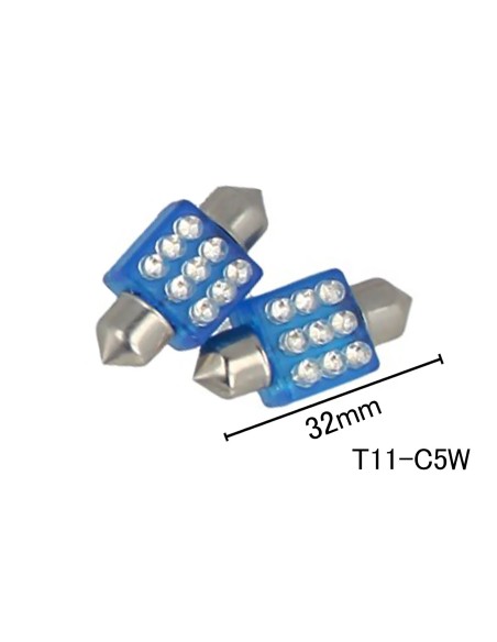 Coppia 2 Lampade Led T11 C5W Siluro 32mm Quadrato Con 9 Led F3 Colore Blue Blu 12V 0,2W