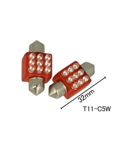 Coppia 2 Lampade Led T11 C5W Siluro 32mm Quadrato Con 9 Led F3 Colore Rosso 12V 0,2W 2
