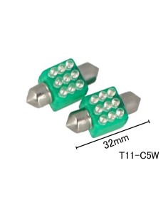 Coppia 2 Lampade Led T11 C5W Siluro 32mm Quadrato Con 9 Led F3 Colore Verde Green 12V 0,2W