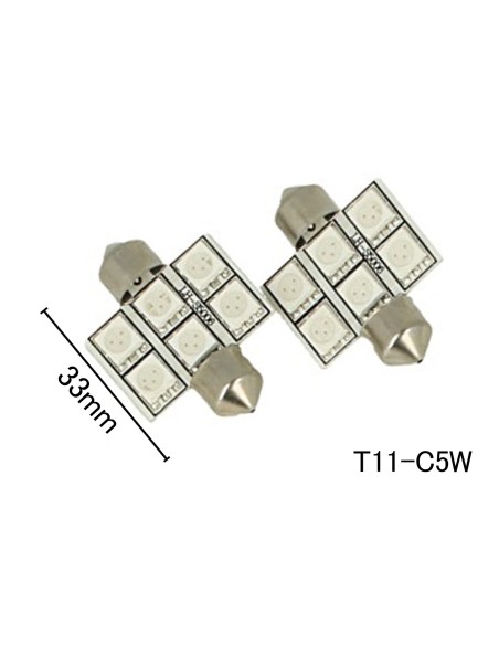 Coppia 2 Lampade Led T11 C5W Siluro 33mm Con 6 Smd 5050 Colore Giallo 12V 1W