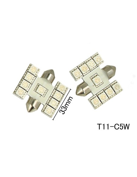 Coppia 2 Lampade Led T11 C5W Siluro 33mm Con 9 Smd 5050 Colore Blue Blu 12V 1W