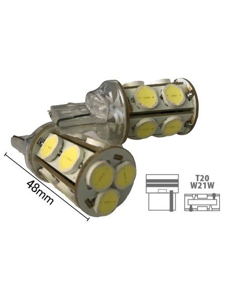 Coppia 2 Lampade Led T20 7440 W21W Con 13 Smd 9080 Bianco Freddo 6000K 12V 6W