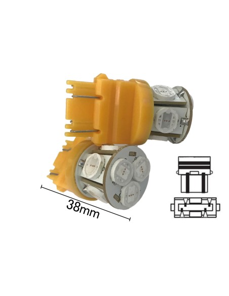 Coppia 2 Lampade Led T25 P27/7W 3157 Con 8 Smd 9080 Colore Giallo Arancione 12V 4W