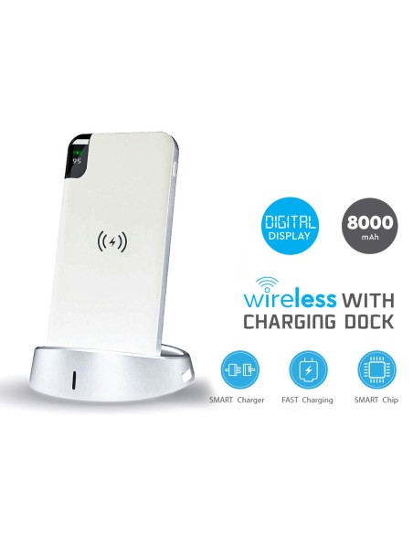 Portable Power Bank 8000 mAh con Display e Supporto Di Ricarica a Poggio Da Tavolo Wireless Colore Bianco SKU-8861