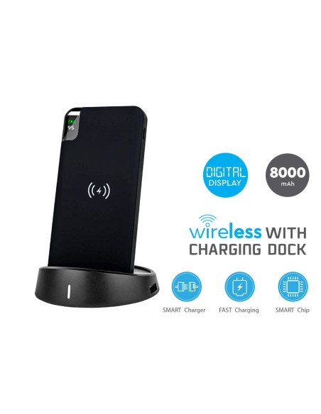 Portable Power Bank 8000 mAh con Display e Supporto Di Ricarica a Poggio Da Tavolo Wireless Colore Nero SKU-8863