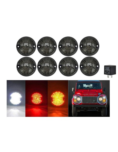 Kit 8 Fanali Led Anteriore Posteriori Laterali Lente Nero Fume Per Land Rover Defender 1983-2016 Compreso Relay CF14