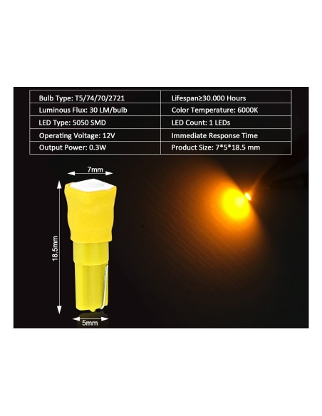 10 Lampadine Led T5 12V W1,2W Colore Giallo Arancione Con 1 Smd 5050 Luci Cruscotto Auto e Moto