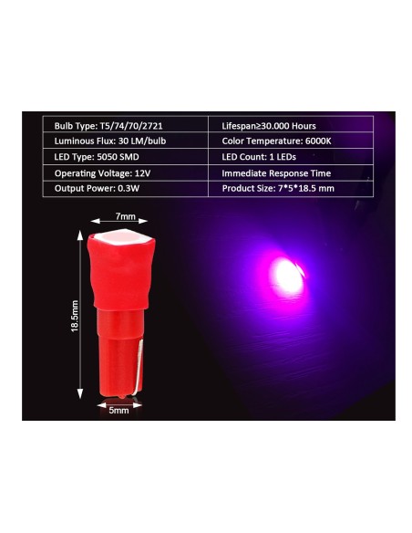 10 Lampadine Led T5 12V W1,2W Colore Rosa Pink Con 1 Smd 5050 Luci Cruscotto Auto e Moto