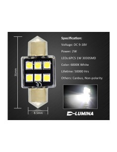 4 Lampada Led T11 Canbus 31mm 12V 2W Effettivo Con 6 Smd 3030 Bianco 6000K No Polarita 2