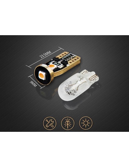 10 Lampada Led T10 W5W Canbus 12V 3 SMD 3030 Ambra Arancione + Leva Rimozione Antigraffio