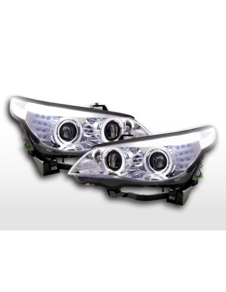Set fari allo xeno Angel Eyes LED BMW Serie 5 E60 / E61 03-04 cromato per guida a destra