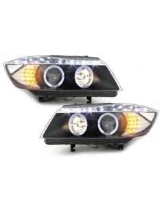 Fari DAYLINE per BMW E90 E91 05+ 2 Halo Cerchi DRL Optic LED Nero 2