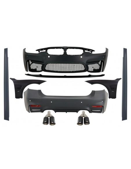 Corredo completo per BMW 3 serie F30 (11-19) con doppie punte in carbonio lucido e parafanghi anteriori neri e cofano