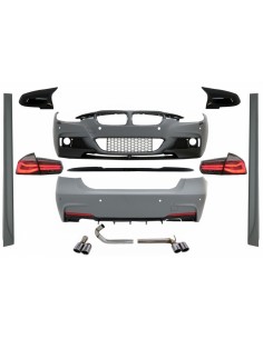 Kit completo per BMW 3 serie F30 (11-19) con coperture specchietti nero piano e LED luci posteriori dinamiche fumo rosso.