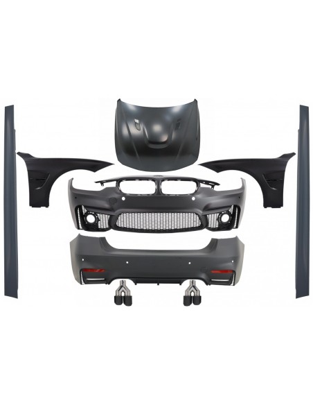 Kit per BMW 3 Serie F30 (11-19) EVO II M3 CS Design con parafanghi anteriori neri e cofano e suggerimenti di scarico