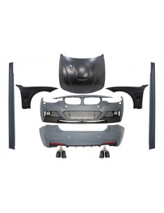 Kit completo per BMW Serie 3 F30 (11-19) con parafanghi anteriori neri e cofano e suggerimenti di scarico in carbonio.