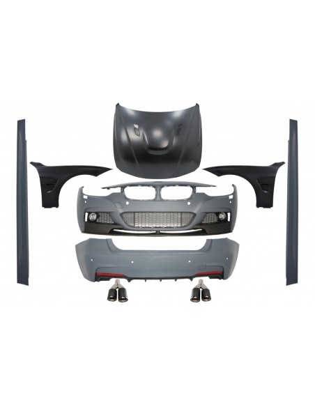 Kit completo per BMW Serie 3 F30 (11-19) con parafanghi anteriori neri e cofano e suggerimenti di scarico in carbonio.