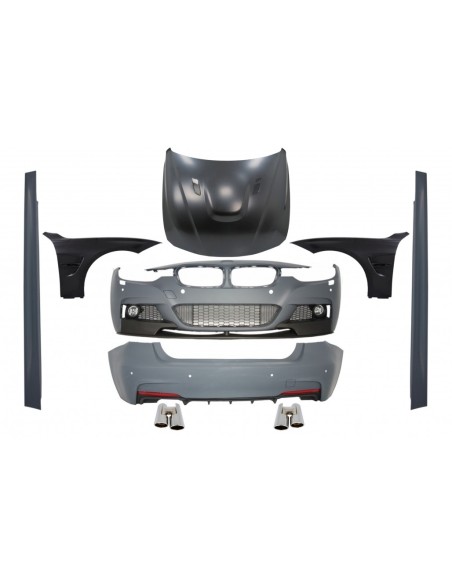 Kit completo per BMW Serie 3 F30 (11-19) con parafanghi anteriori neri e cofano e suggerimenti di scarico cromati.