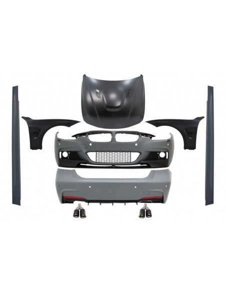 Kit completo per BMW 3 serie F30 (11-19) con doppie punte in carbonio e parafanghi anteriori neri e cofano