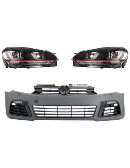 Paraurti anteriore per VW Golf VI 6 (08-13) R Look w/ Fari 3D LED DRL U-Design LED Flowing Turning Light Red Stripe