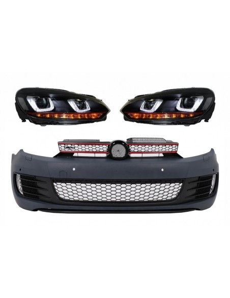 Paraurti anteriore per VW Golf VI 6 (08-13) GTI Look w/ Fari Golf 7 3D LED DRL U-Design LED Flowing Turning Light Red Stripe